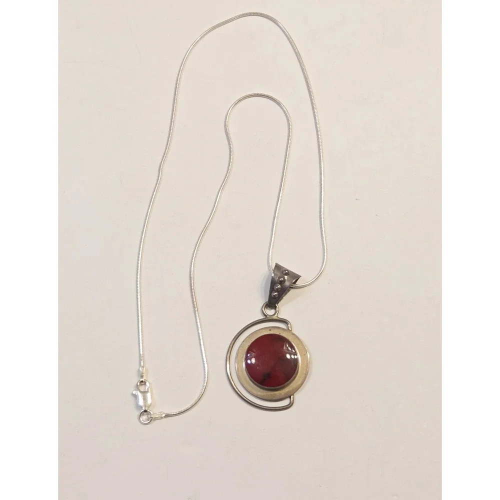 Vintage Sterling Silver & Jasper Modernist Pendant 18